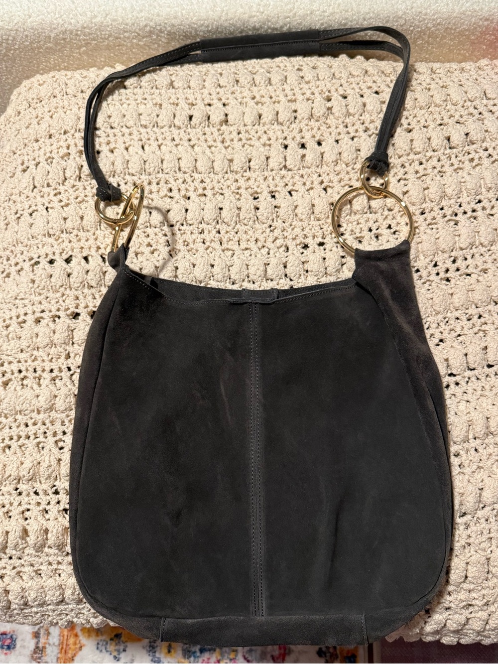 Claudia brand Grey Suede leather Shoulder Bag with Gold Ring Accents
